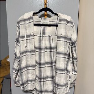 American Eagle White and Gray Plaid Hooded Shirt Jacket